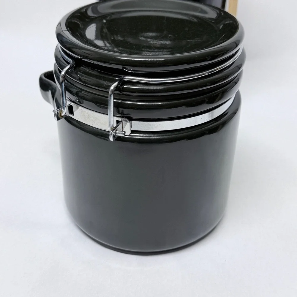 Black Ceramic Canister Set 4 Piece Airtight Locking Lids with Wooden Spoons